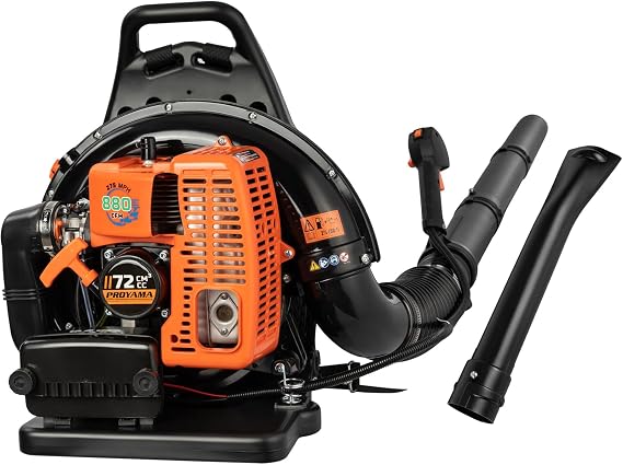 PROYAMA 72CC Gas Backpack Leaf Blower, Garden Yard Cleaning, Snow Removal | 880CFM 275MPH 2 in 1 Nozzle Low Vibration and Ergonomic Harness Design with Cruise Control for Commercial Lawn Care
