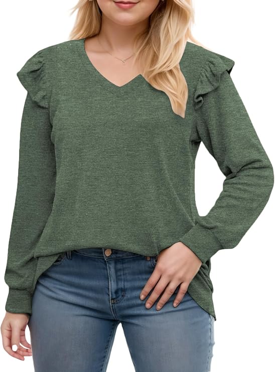 VOGRACE Womens-Plus-Size-Dressy-Tops Trendy V Neck Shirts Cute Ruffle Long Sleeve Blouses Casual Loose Fit Tunics XL-5XL