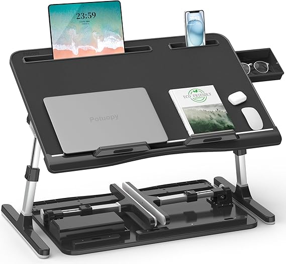 Laptop Bed Table, Potuopy Leather Adjustable Height Angle Bed Desk, X-Large Foldable Laptop Stand for Bed with Eco Wooden board for Working Reading Eating on Bed Sofa Floor (Black, 60 * 40cm)