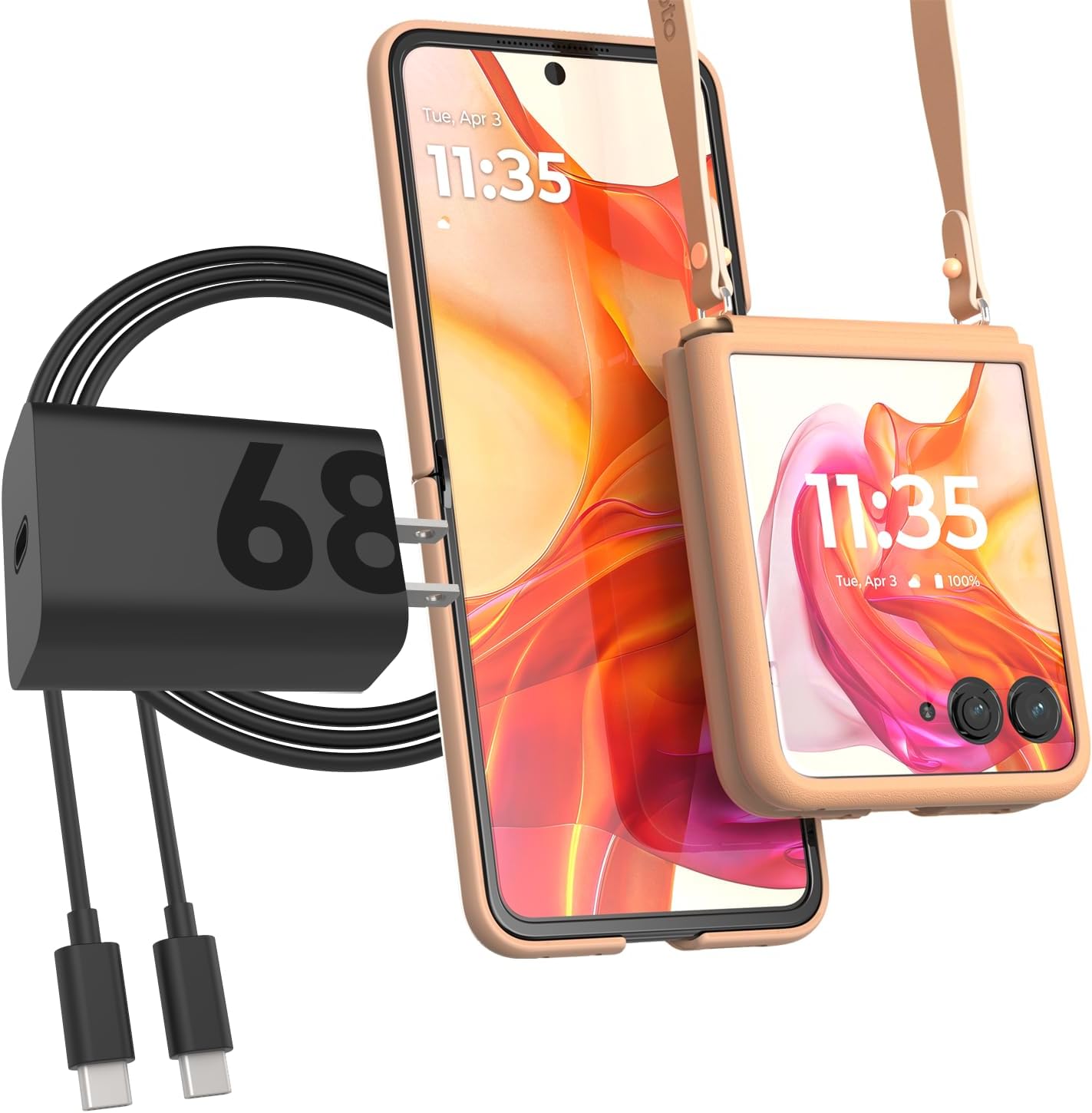 Motorola Razr Plus 20242025 Power and Protection Bundle - Peach Fuzz Adjustable Cross Body Case  TurboPower 68W Charger