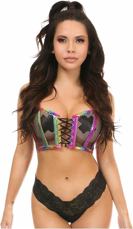 Daisy corsets Women's Pvc Glitter & Fishnet Lace-up Short Bustier Top