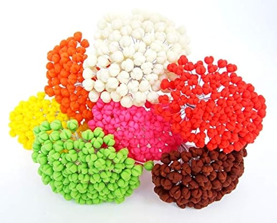 100 Assorted Cray Stamen Pollen Flower Craft Artificial Scrapbook Floral Round Wire Stem Card, Green Brown Orange Pink Yellow Color, Long Size with Wire 10 cm.