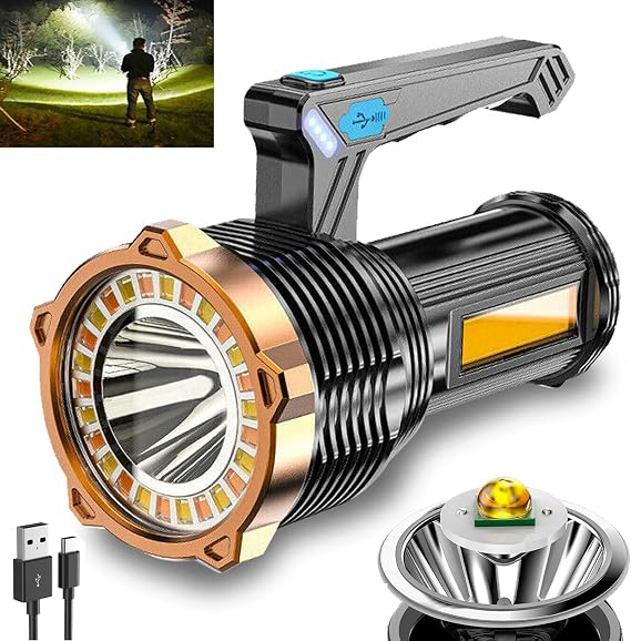Wrrozz LED Flashlight USB Rechargeable, 8 Modes with Side Light & Hooks | Super Bright Portable Handheld Flash light, Rechargeable Spotlight for home camping and emergency, hooks for hands-free use