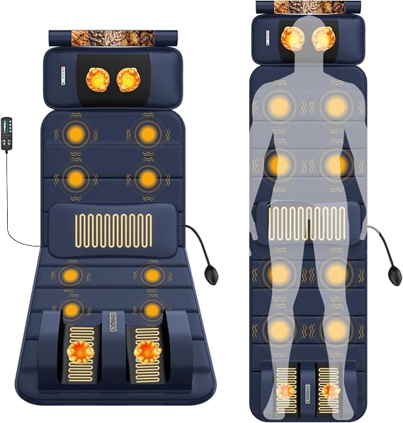 Full Body Massage Mat with Heat, Massage Pad with 9 Vibrating Modes and 10 Vibrating Motors, Massage Mat with Detachable Neck Massager and Multifunctional Leg and foot massager, for Home Office