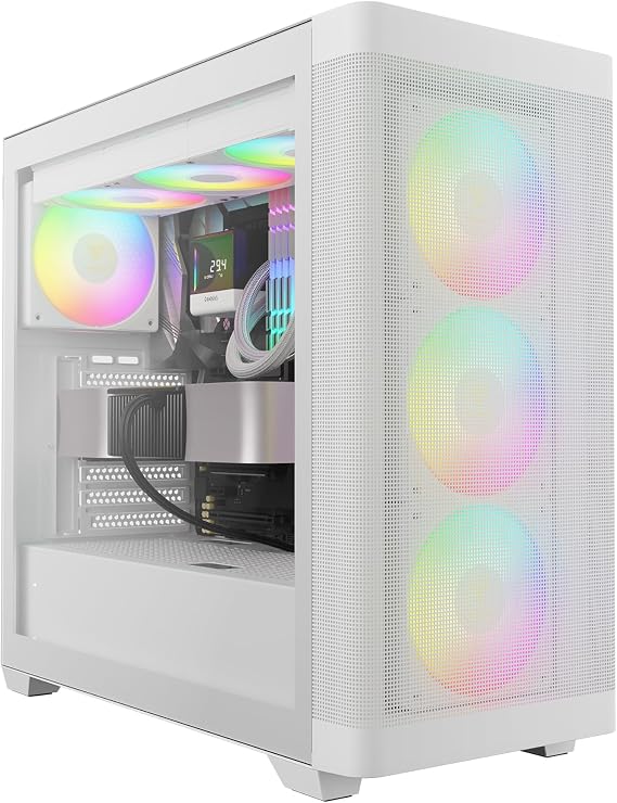 GAMDIAS White ATX Mid Tower Computer Case Tempered Glass, Gaming PC Case Support Dual 360mm AIO/Radiator, 7x120mm Case Fans (4X 120mm Built-in), 420mm GPU/VGA, USB3.0X 2, Type C x1, 170mm CPU Cooler