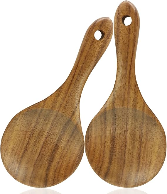 2PC Wooden Rice Paddle, 7.09 Inch | Non-stick, Rice Spoons Scooper, Rice Serving Spoon, Kitchen Cooking Utensils