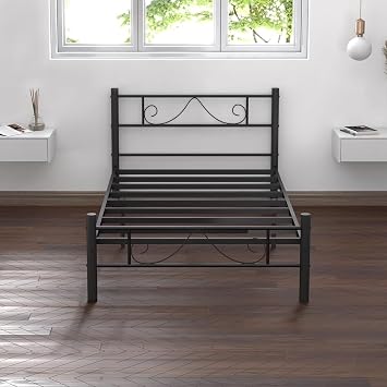 wOod-it Metal Platform Bed Frames with Headboard No Box Spring Needed Easy Assembly Vintage Bed Sturdy Metal Slat Support - Black (Twin)