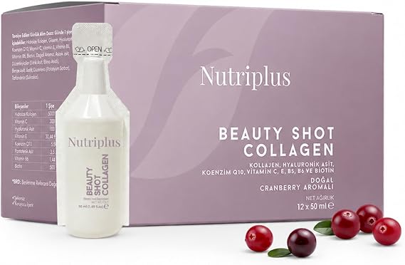 FARMASi Nutriplus Beauty Shot Collagen, Cranberry Flavor, 1.69 fl oz | Type I and III Collagen with Hyaluronic Acid Coenzyme Q10 Biotin and Vitamins, Sugar Free Liquid Supplement, 12 pieces