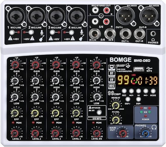 BOMGE Professional 6 Channel 99DSP DJ Audio Mixer Interface Desktop Karaoke Mixer with MP3 Input USB Bluetooth Input Stereo Recording and 48V Phantom Power