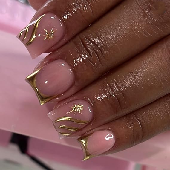 Gold Press on Nails Short Square Fake Nails French Tip Nail Press ons Gold Line False Nail with Rhinestone Design Glossy Full Cover Glue on Nails for Women Girls Manicure 24Pcs