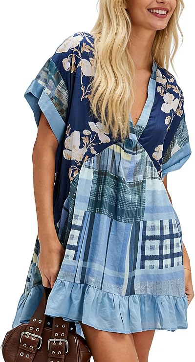 Women Boho Floral Babydoll Mini Dress Y2k Puff Sleeve Ruffle Flowy Short Dress Cute Summer V Neck Patchwork Dresses