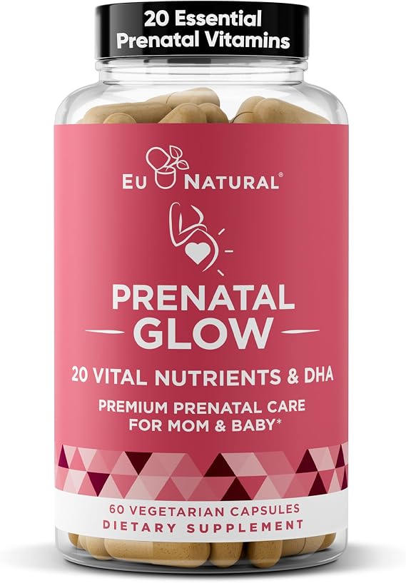 Glow Prenatal Vitamins for Women with Folate & DHA, 60 Vegetarian Capsules | 20-in-1 prenatal supplement with iron to support healthy pregnancy, fetal development & mom's comfort