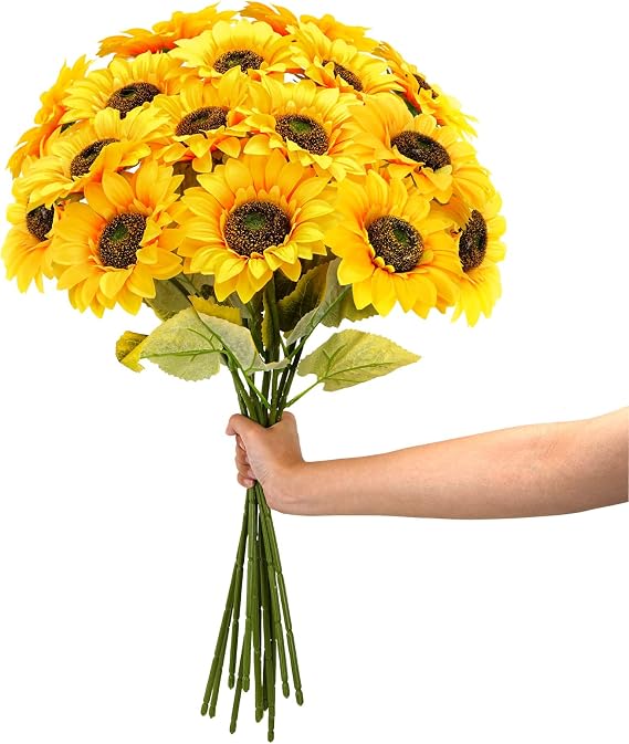 12Pcs Artificial Sunflowers Flowers with Long Stems 24.4" for Outdoors | Bulk Fake Sunflowers, Realistic Silk Sunflower Bouquet for Wedding Arrangement Table Centerpieces Outdoor Indoor Grave Fall