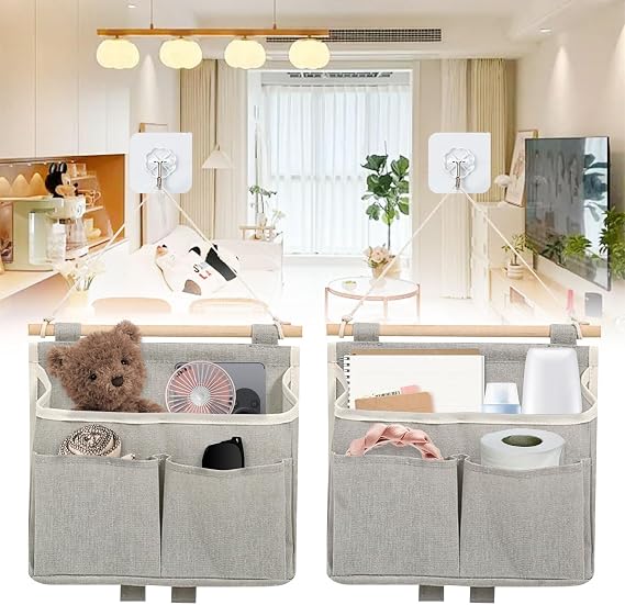 Pack of 2 Hanging Organiser, Foldable Linen Hanging Organiser, High Capacity Wall Organiser with 3 Compartments, Hanging Storage Bag, Assembleable Hanging Bag, Wall with Sticky Hooks, Grey