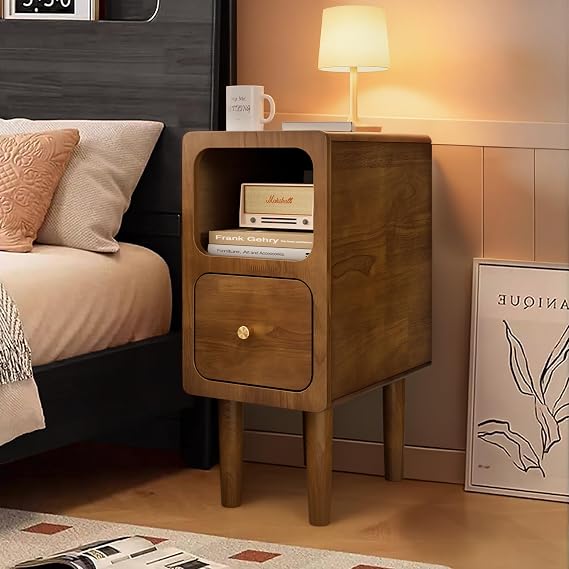 Narrow Solid Wood Nightstand with Drawer, Walnut, 9.7" W x 22.8" H | Mid Century Modern End Table with Opening Storage for Living Room, Bedroom, Study, Office and Small Spaces