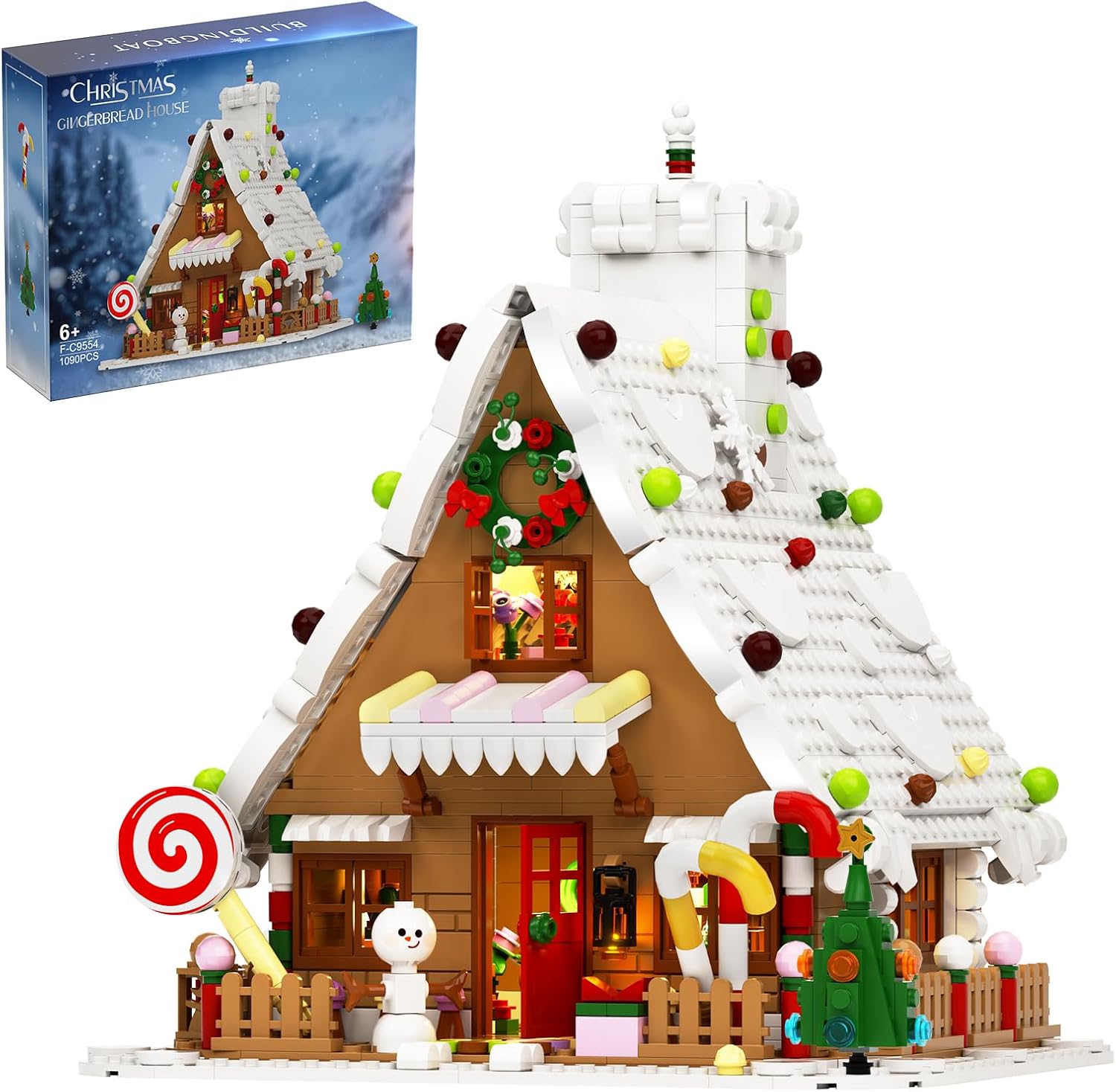 1111 Pieces Big Christmas Gingerbread House Building Kit with LED Light, Christmas Village House Building Blocks, Stable Lovely Building Toy for Christmas, Compatible with Lego