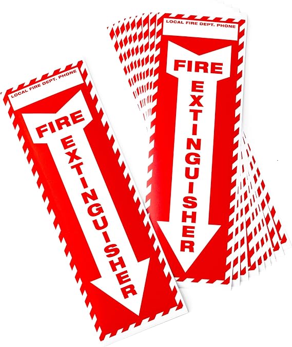 Fire Extinguisher Sign, Down Arrow Stickers, Pack of 10 (4 x 12"), Red and White Design Includes Space for Local Fire Department Phone Number