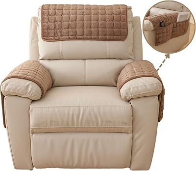 vctops 3 Pieces Flannel Plush Sofa Armrest Cover Headrest Cover for Recliners Soft Fuzzy Non Slip 2 Arm Rest Covers and 1 Headrest Protector for Recliner Leather Sofa CouchBrown,1 Seat