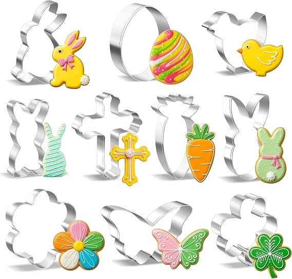 Easter Cookie Cutters Set, 10 PCS Stainless Steel Cookie Cutters for St. Patrick's Day Baking, Bunny Egg Chick Shapes for Easter Cookies, Biscuit, Fondant and Dough