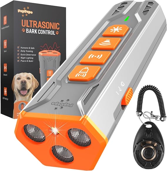 Dog Bark Deterrent Device with Dog Training Clicker Ultrasonic Anti Barking Device for Dogs, Portable Dog Bark Stopper for Training & Behavior Control, Safe for Own or Neighbors Dog