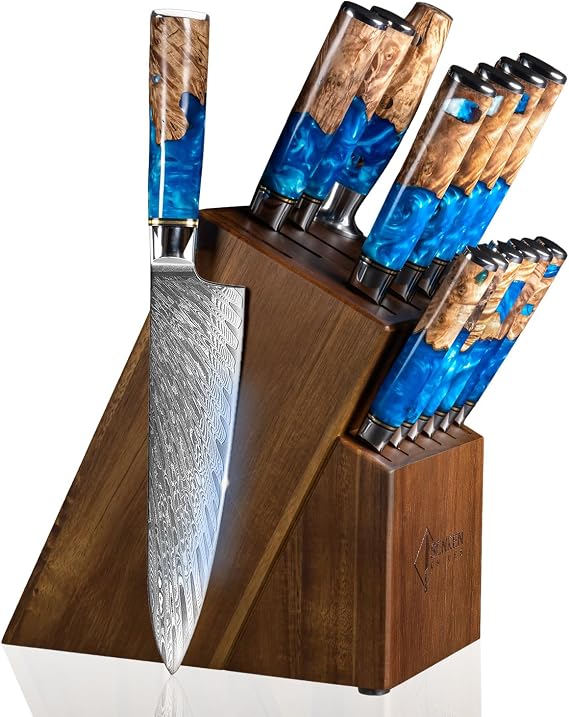 SENKEN 15-Piece Damascus Knife Block Set - "Tsunami" Collection Japanese Chef Knife Set - 67-Layer Japanese VG10 Steel Blades, Includes Chef Knife, Cleaver, 6 Steak Knives (Blue)