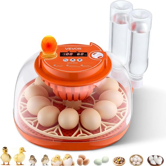 VEVOR 12 Egg Incubator, Automatic Egg Turner with LED Candler, Temperature & Humidity Control, 360 View Clear Window, Poultry Eggs Incubator for Home Farm, Hatching Chicks Ducks Goose Quail