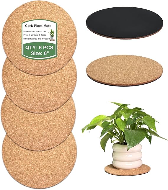 6 Inch Cork Plant Coasters, 6 Pack Round Plant Mats for Indoor Flower Pots