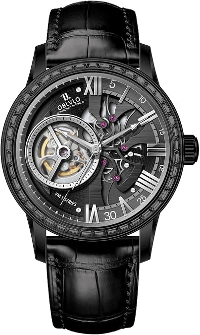 OBLVLO Skeleton Automatic Wristwatch with Leather Strap, Blue Dial, Diamonds Bezel