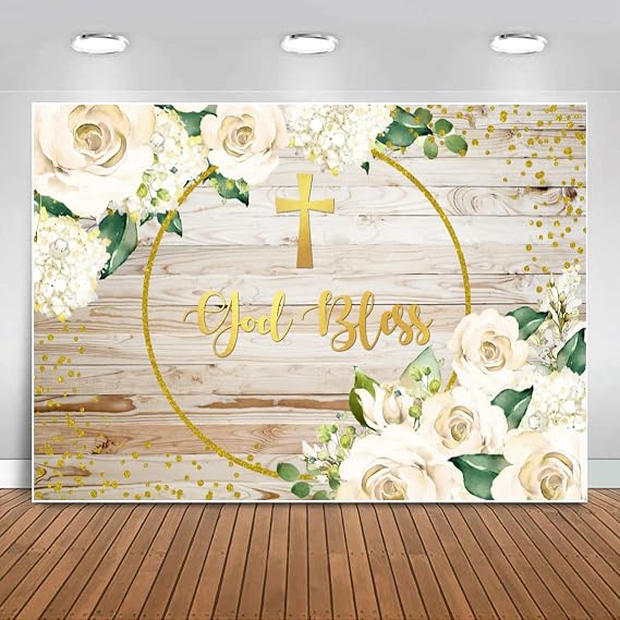 Sensfun God Bless Backdrop Rustic Wood White Floral Newborn Baby Shower Photography Background First Holy Communion Baptism Backdrops for Christening Party Decorations Banner Photo Booth Props 8x6ft