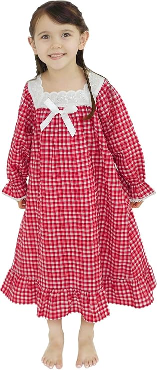 Nightgowns for Girls, Cotton Vintage Pajama Dresses for Girl, Long Sleeve SleepShirt Jammies for Kids