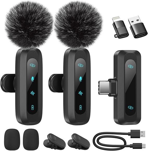 Wireless Lavalier Microphone for iPhone iPad Android Phone 2-Pack Mini Noise Cancelling Microphone Auto Pairing and Mute and Reverb for Vlogging Video Recording TikTok YouTube