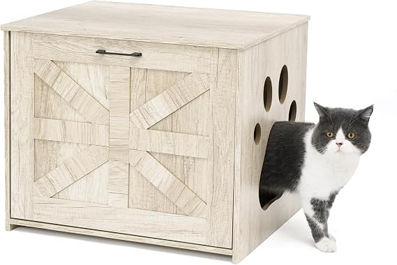 23-Inch Cat Litter Box Enclosure with Drop-Down Magnetic Door | Compact Greige Litter Box Furniture with Paw-Shaped Entry, Wide Front Access, and Space-Saving Design for Small Spaces