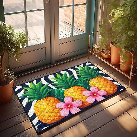 BDIS Floor Mats for Home Entrance Three Pineapples with Pink Flowers On Zebra Print Background Doormat Desk Decor for Men Retro Room Decor(40X60CM)