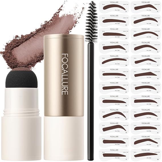 FOCALLURE Eyebrow Stamp and Eyebrow Stencil Kit, 24 Reusable Brow Shape, Sweatproof Eyebrow Powder, Long-Lasting, Easy to Use, Filling and Shaping Perfect Eyebrow Makeup, MEDIUM BROWN