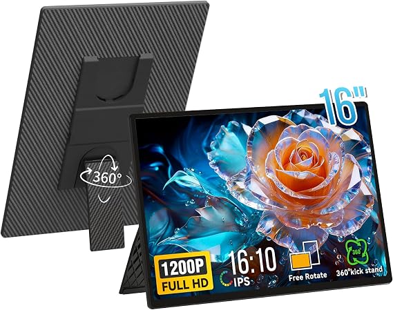 Portable Monitor 16 Inch 1200P FHD Laptop Screen Extender, Horizontal Vertical Monitors with Detachable Stand, Built-in Speakers, Travel Gaming Monitor