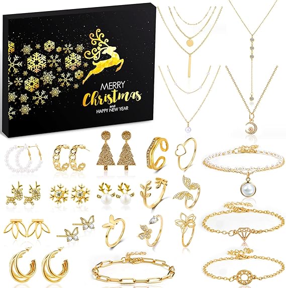 Jewelry Advent Calendar 2025 for Adult Women, 24 Day Christmas Countdown Calendar with Gold Earrings, Necklaces, Bracelets, and Rings, Christmas Surprise Gift for Wife Friends