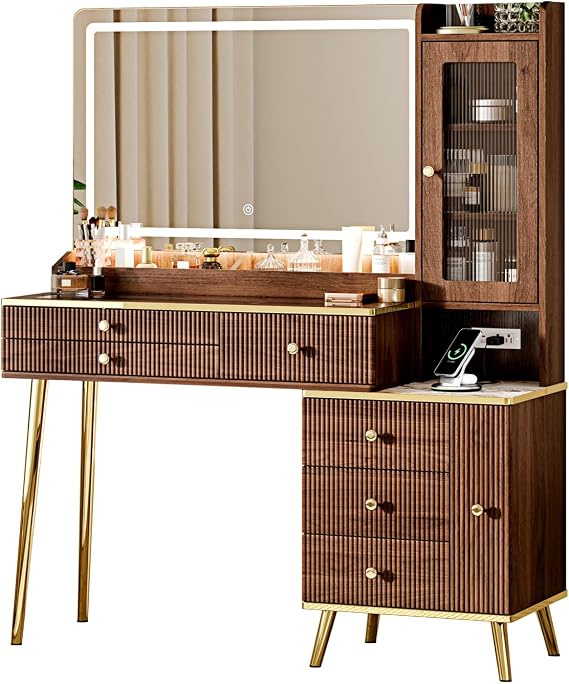 Arulvmrn Vanity Desk with 29.53" HD Lighted Mirror, 47.24" Big Modern Vanity Desk with Mirror and Lights, Makeup Vanity with 5 Drawers and Storage Shelves and Charging Station, White