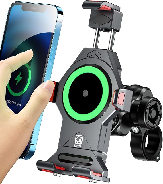 BRCOVAN Aluminum Alloy Motorcycle Phone Mount with Qi 15W Wireless Charger | with Vibration Dampener, Waterproof Anti-Theft Motorcycle Handlebar Cellphone Holder, Adjustable Fit 4.7''-7.2'' Smartphones