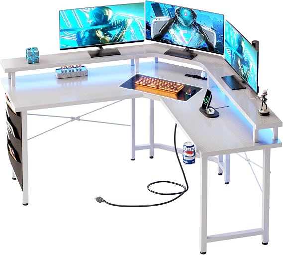 CAIYUN Computer Desk with Power Outlets & LED Strip,50.8" Reversible L Shaped Desk with Monitor Stand & Storage Bag, White Gaming Desk with Cup Holder for Home Office, Carbon Fiber