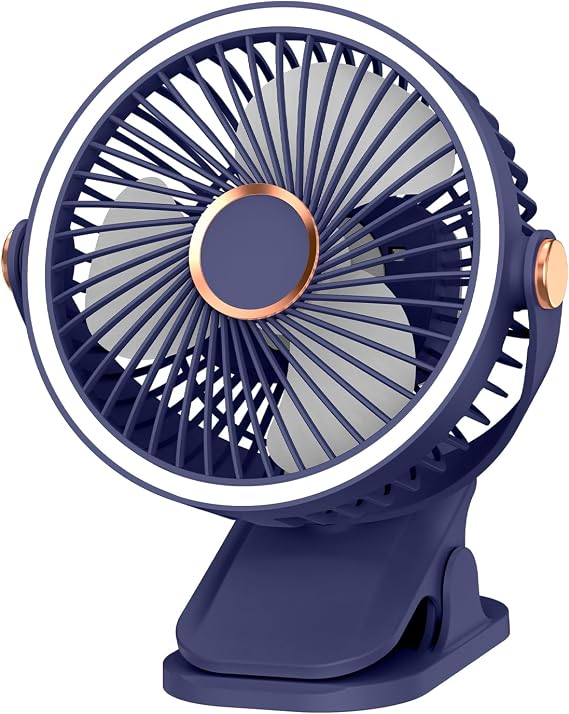 Thanksgiving & Christmas Gift Pick, Clip on Rechargeable Fan Portable with LED Lights, Battery Operated Fan for Bedroom Fans, Small Desk Fan for Golf Cart, Office, Outdoor, Travel, Camping, Blue