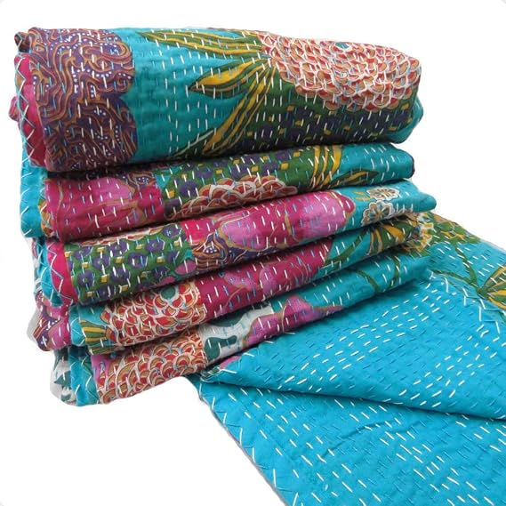 Handcrafted Kantha Quilt Cotton Reversible Bedspread Floral Turquoise Blue Be.