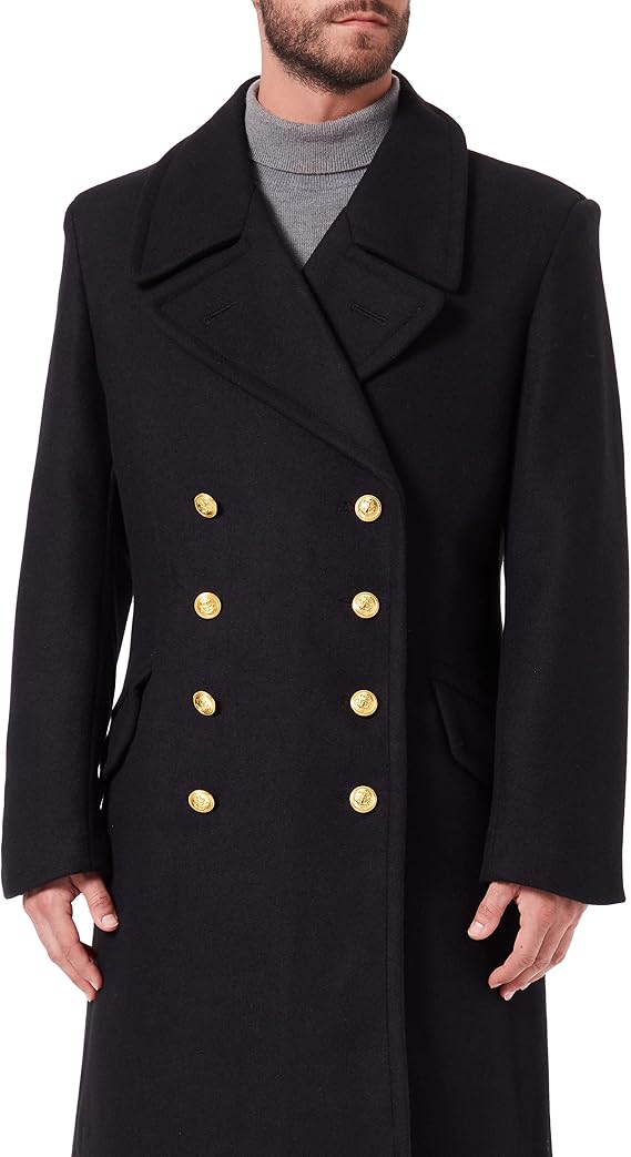 Black Full Length Double Breasted Naval Great Coat, Size Small