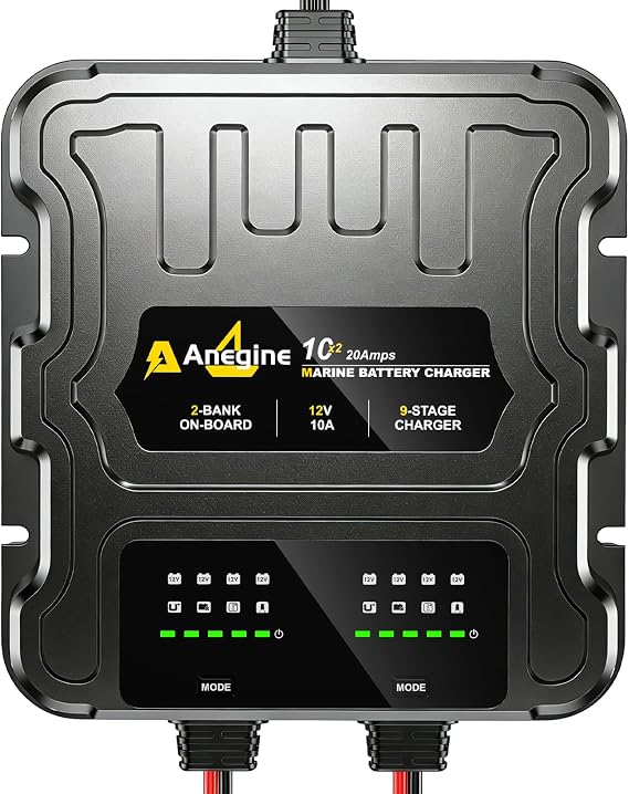 2 Bank Marine Battery Charger, 20A (10A/Bank) 12V IP68 Waterproof LCD Onboard Battery Charger with Overcharge Protection, Battery Maintainer for Lead-Acid, AGM, Gel, LiFePO4, Lithium, Boat, Car, RV