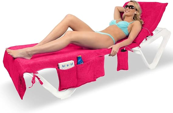 ITSA Terry Towelling Beach Towel with Pockets & Handles | 100% Cotton Foldable Sun Lounger Cover | Carry Bag | Secure Storage Beach Towel (Coral Pink)
