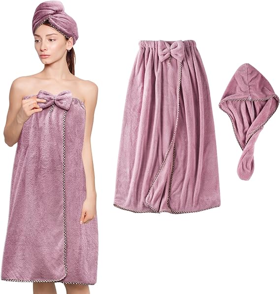 Women Microfiber Bath Towel Wrap - Adjustable Soft Body Wrap Dress with Hair Towel for Shower, Super Absorbent to Quick Drying Hair and Body, Purple