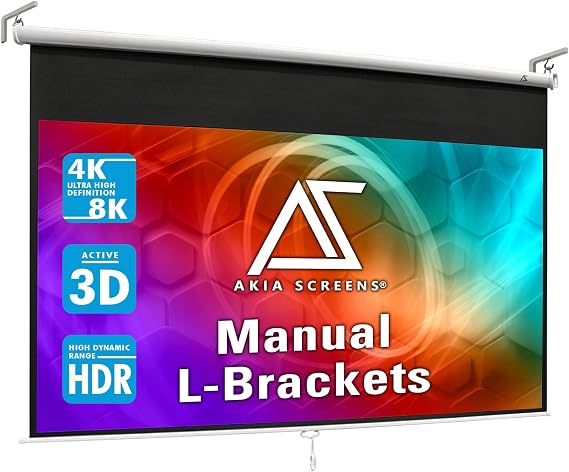 Akia Screens 110 inch Projector Screen Pull Down 16:9 Manual, Ceiling Mount or Wall Mount Retractable Projection Screen with 10 inch Bracket White, AK-M110H1 and AK-ZLB10W