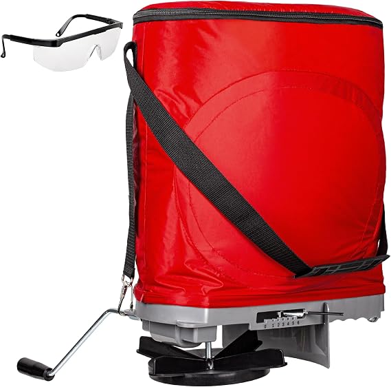 Walensee Handheld Seed Spreader with 25lb Bag, Frame Support, Flow Control, Enclosed Gears, Rear Baffle, Adjustable Strap & Goggles Bag Seeder for Lawn and Garden, Red