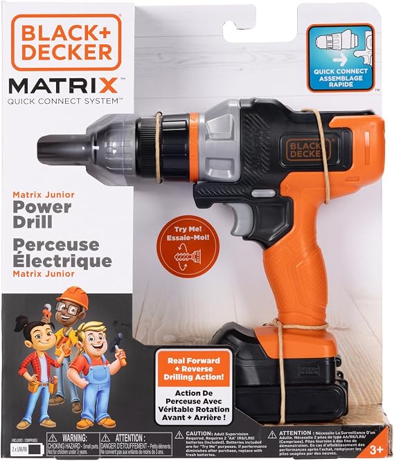 JAKKS Pacific Black+Decker Matrix Jr. Power Drill Kids Tools Play Toy with Forward & Reverse Drilling Action