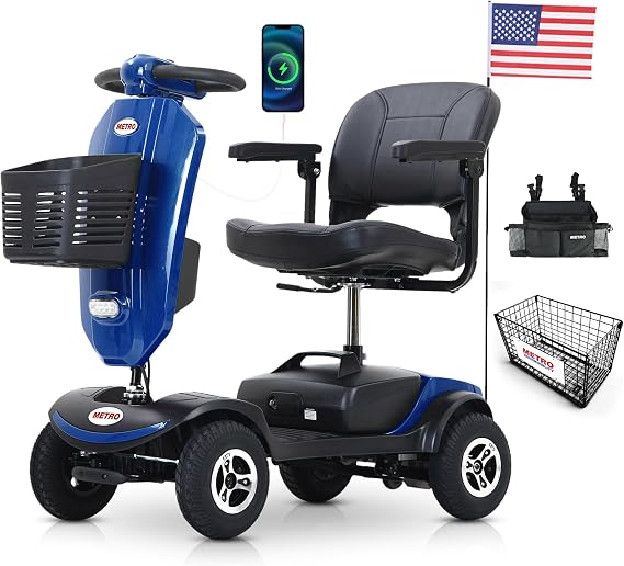 Metro Mobility 4 Wheel Electric Mobility Scooter for Adults - 300 lbs Capacity Folding Mobility Scooters for Seniors, Travel - High Performance Motor & 2 Cup Holders - Blue