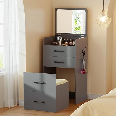 Gurexl 3 in 1 Vanity Desk with Flip Top Mirror,Small Make Up Vanity Set with Visible Glass Desktop,Cushioned Tool,Dressing Table for Bedroom,Compact Makeup Vanity with 3 Drawers,Grey